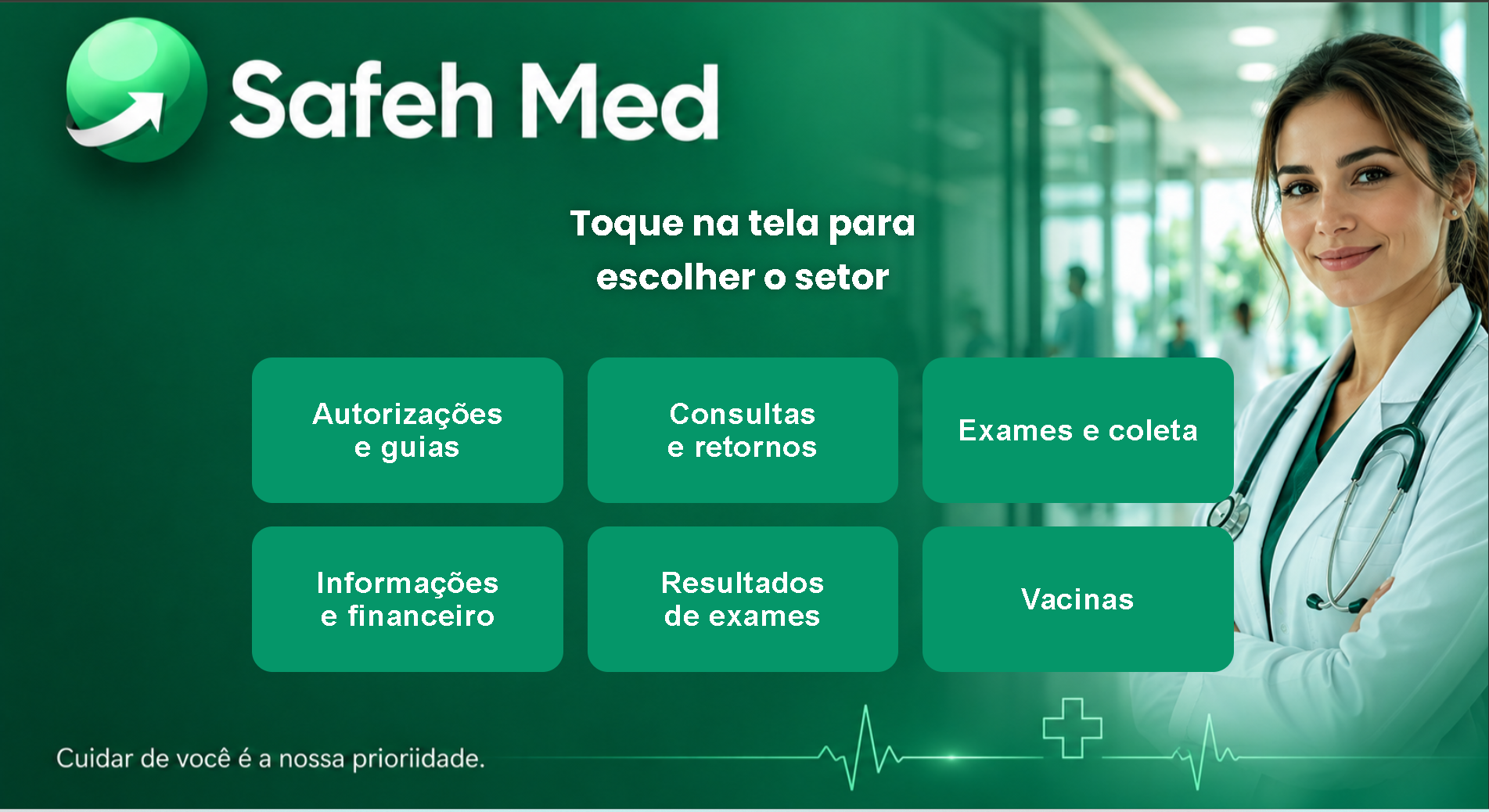 Exemplo de tela do cliente para escolher o setor de atendimento em uma clínica